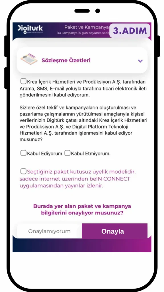 Sözleşme onay kutuları ve Onayla butonu ekranı